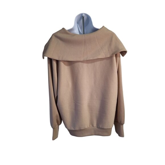 MEROKEETY Womens Quarter Zip Collared Pullover Sweater LBeige Ribbed Minimalist - Picture 3 of 8